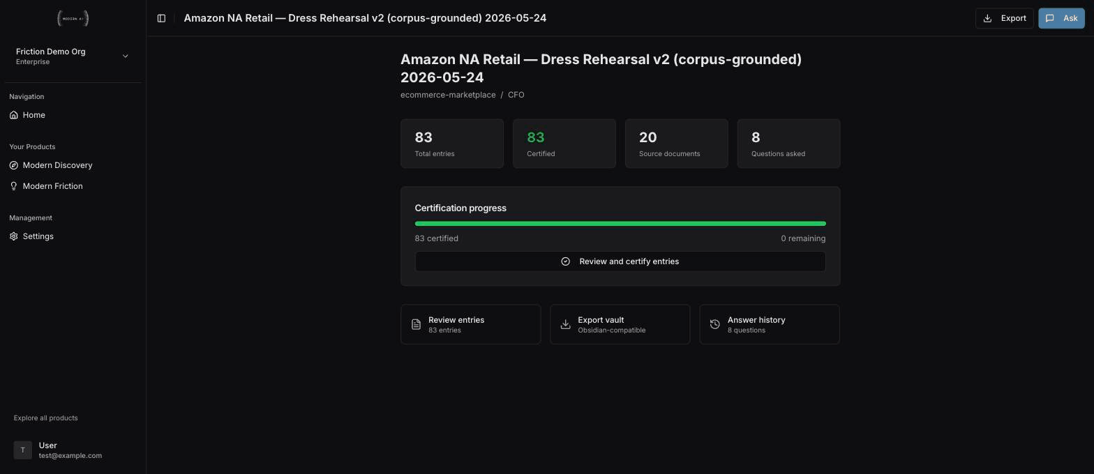 Modern Gravity vault dashboard showing all entries certified with certification progress, then the answer history of verified answers to strategic business questions with asked-by roles, scopes, and access logs. Demo vault built on public Amazon filings.